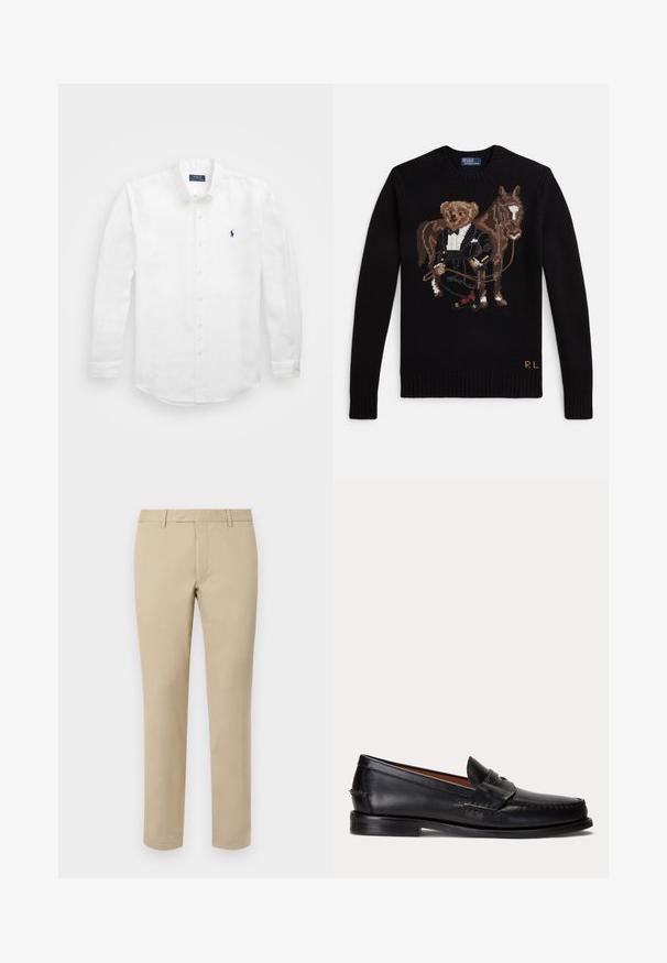 Zwarte trui met geborduurde beer in smoking die het hoofdstel vasthoudt van een staand bruin paard, met de initialen "RL" dichtbij de zoom.; Witte lange mouwen shirt van katoen met een button-down kraag, voorzien van een klein marineblauw logo op de linkerborst en klassieke knoopsluiting.; Beige katoenen broek met een rechte snit, voorzien van riemlussen, een platte voorkant en op maat gemaakte zoom. Glad textuur en minimale details.; Zwarte leren loafer met lage hak en penny-strap detail, van opzij getoond op een lichtgrijze achtergrond.