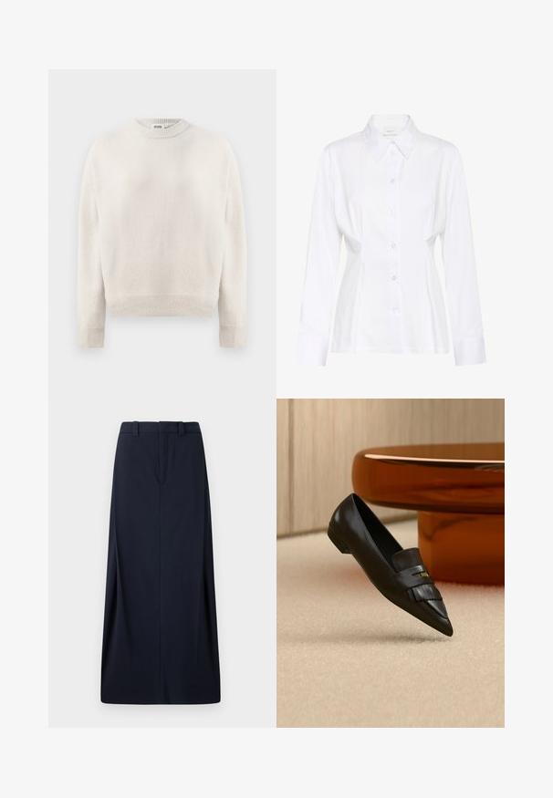 Suéter de punto color crema con mangas largas, puños acanalados, dobladillo y escote redondo, etiquetado "DRYKORN" en el interior del cuello.; Blusa blanca de manga larga con botones, cuello puntiagudo, cintura ajustada y etiqueta visible de la marca "Gestuz" en el interior del cuello.; Falda larga azul marino hecha de tejido entrelazado, con corte recto, presillas para cinturón y cremallera oculta. Líneas limpias y diseño mínimo.; Mocasín de cuero negro con punta puntiaguda y detalle de flecos, colocado sobre una alfombra beige cerca de una mesa redonda de cristal naranja.