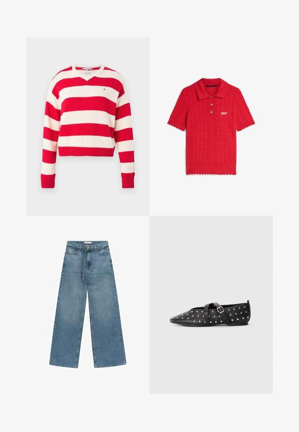Rød- og hvidstribet sweater med V-udskæring, lange ærmer, ribstrikkede manchetter og kant, lavet af blødt strikstof. Lille logo på brystet.; Rød kortærmet strikket polo-shirt med tekstureret mønster, bølgede kanter, knaplukning og hvidt "tommy jeans" logo på brystet.; Bredde ben blå denim jeans med medium vask. Har en snøre i taljen, frontlomme og en simpel finish uden yderligere pynt.; Sort spids flad sko med sølvnitter og justerbar krydsrem med spænde, minimal hæl, på plain lys baggrund.
