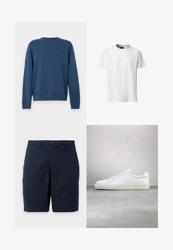 Marineblaue Sweatshirt aus Baumwollmischung, Rundhalsausschnitt, lange Ärmel mit gerippten Bündchen, dezentes Logodetail auf der linken Brust, glatte Textur.; Schlichtes, weißes T-Shirt mit kurzen Ärmeln und rundem Ausschnitt, präsentiert auf weißem Hintergrund, Vorderansicht mit sichtbarem Markenlabel im Kragen innen.; Marineblaue Shorts aus leichtem Stoff. Mit Knopfverschluss, flachem Vorderteil und zwei Seitentaschen. Klassisches, gerades Schnittdesign.; Weißer Sneaker mit glattem Lederobermaterial und niedrigem Profil. Verfügt über eine runde Zehenpartie, sechs Ösen und eine strukturierte Gummisohle.