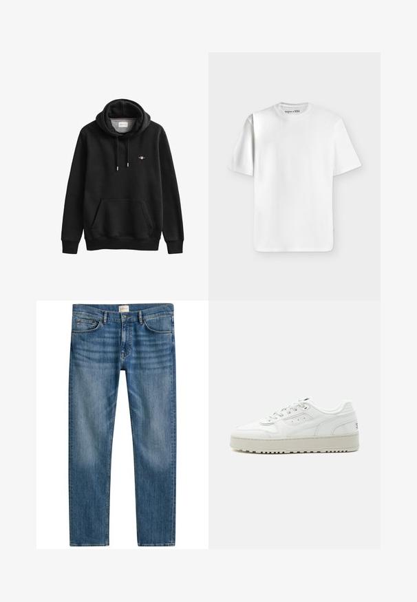 Zwarte hoodie met voorzak, aantrekkoorden en klein GANT-logo op de linkerborst.; Effen wit T-shirt met korte mouwen en een ronde hals, plat liggend op een lichtgrijze achtergrond met een klein merkje aan de binnenkant van de halslijn.; Blauwe jeans van denim met een rechte snit, voorzien van vijf zakken, een knoopsluiting en een lichte vervaging over de stof voor textuur.; Witte lage sneaker met dikke zool, veters aan de voorkant, geperforeerde details en een gevoerde kraag op een effen lichtgrijze achtergrond.