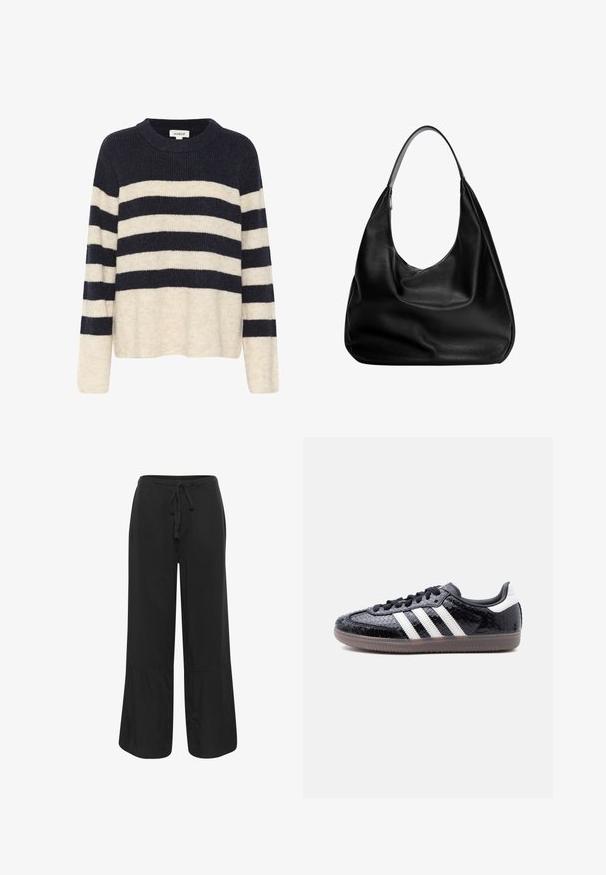 Strikket sweater med marineblå og cremefarvede vandrette striber, rund halsudskæring og lange ærmer. Blød tekstur med en afslappet pasform.; Culture CUNAVI CLARINA - Bukser - black; Lavprofils sort sneaker med tekstureret slangeskindsmønster, hvide striber på siden, sorte snørebånd og en gennemsigtig brun sål.; Sort læder hobo taske med et afslappet design, bred skulderrem og glat tekstur. Har en enkelt lynlåslukning på siden.