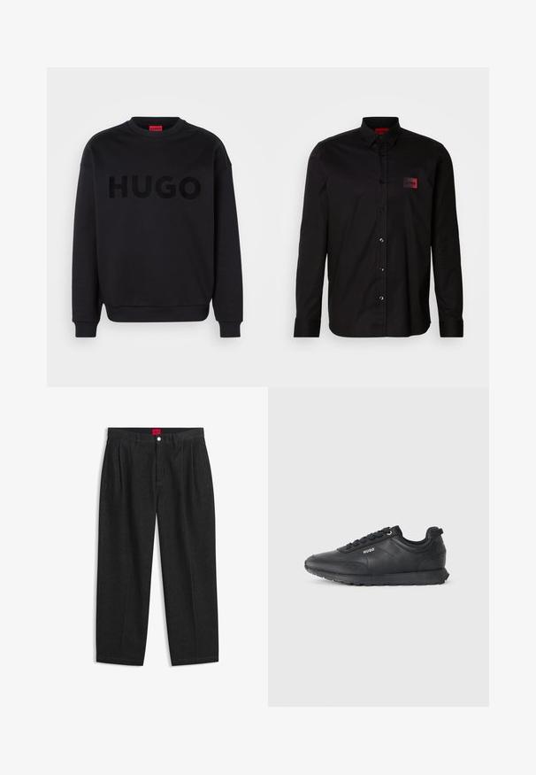 Zwarte sweatshirt van zacht materiaal, met een ronde halslijn en lange mouwen. Het woord "HUGO" is prominent weergegeven in een glanzend zwart lettertype.; Zwart shirt met lange mouwen van gladde stof, voorzien van een knoopsluiting, een klassieke kraag en een klein rood merklabel op de borst.; Zwarte hoge taille broek met plooien aan de voorkant, ceintuurlussen, een knoop- en ritsluiting, en een rood label aan de binnenkant van de tailleband.; Zwarte lage sneaker met vetersluiting aan de voorkant, getextureerde details en het "HUGO" logo op de zijkant, weergegeven in profiel op een witte achtergrond.