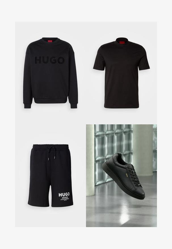 Zwarte sweatshirt van zacht materiaal, met een ronde halslijn en lange mouwen. Het woord "HUGO" is prominent weergegeven in een glanzend zwart lettertype.; Zwarte korte mouw t-shirt met een hoge nek ontwerp. Gemaakt van soepele stof. Bevat een rood merklabel op de binnenkant van de kraag.; Zwarte katoenen shorts met een elastische tailleband en koord. Witte "HUGO" logo op het linkerpijp. Eenvoudig ontwerp, knielange snit.; Zwarte leren BOSS sneaker met veters die binnenshuis zweeft tegen een glazen blokkenmuur en een betonnen vloer op de achtergrond.