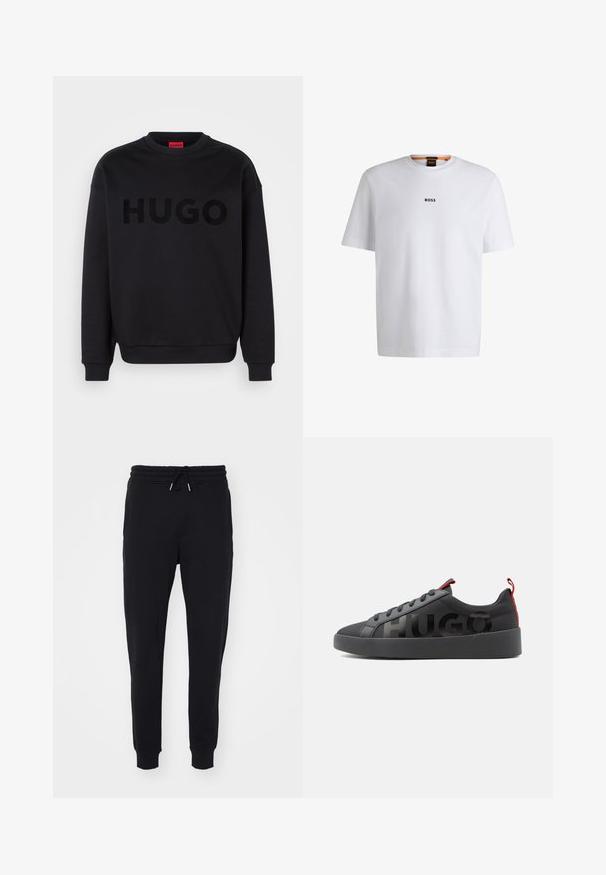 Must värvi pehme materjaliga sweatshirt, millel on ümmargune kaelus ja pikad varrukad. Sõna "HUGO" on silmatorkavalt väljatoodud läikivas mustas fondis.; Valge puuvillane T-särk lühikeste varrukatega, millel on must "BOSS" logo, mis on keskendatud rinnale, ja ümmargune kaelaava disain.; Mustad mustad, pehmest kangast, millel on elastne vöökoht ja pael, küljetaskud ning kitsenevad varrukad pahkluude juures.; Must madalad tossud musta tallaga, mustade paeltega, punaste tõmblukusõlmedega ja suure musta "HUGO" tekstiga küljel.