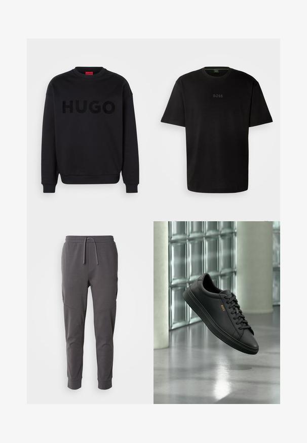 Sweatshirt noir en matériau doux, avec un col rond et des manches longues. Le mot "HUGO" est affiché en évidence dans une police noire brillante.; T-shirt en coton noir avec un col rond, des manches courtes et un logo "BOSS" subtil embossé au centre. Design simple et minimaliste.; Pantalons de jogging gris en tissu doux avec taille élastique et cordon de serrage, dotés de poches latérales et d'un design effilé aux chevilles.; Baskets basses en cuir noir avec lacets noirs et logo BOSS doré sur le côté, flottant au-dessus d’un sol gris brillant dans un espace intérieur moderne.