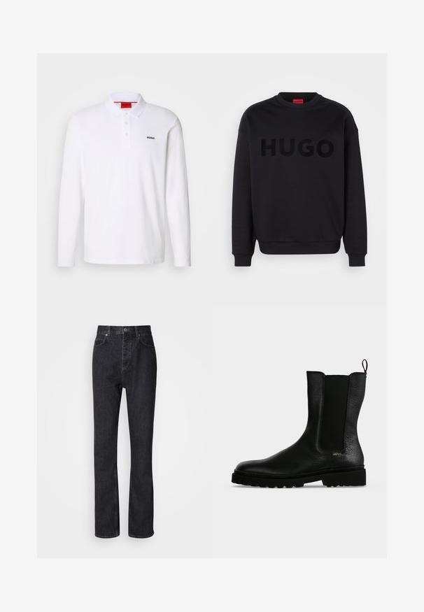 Sudadera negra hecha de material suave, con un escote redondo y mangas largas. La palabra "HUGO" está mostrada de manera prominente en una fuente negra brillante.; Camisa polo blanca de manga larga hecha de algodón con cuello, tapeta de tres botones y el logo negro "HUGO" en el lado izquierdo del pecho.; Jeans de mezclilla negros de cintura alta con cierre de botón y cremallera, bolsillos frontales y traseros, y corte recto.; Botín negro de cuero con panel lateral elástico, suela gruesa y lengüeta en la parte trasera, con un pequeño logo dorado "Hugo" cerca del talón.