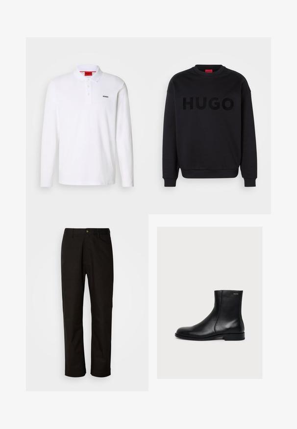 Sudadera negra hecha de material suave, con un escote redondo y mangas largas. La palabra "HUGO" está mostrada de manera prominente en una fuente negra brillante.; Camisa polo blanca de manga larga hecha de algodón con cuello, tapeta de tres botones y el logo negro "HUGO" en el lado izquierdo del pecho.; Pantalones de algodón negros con corte recto, presillas para el cinturón, cremallera frontal y un solo botón de cierre. Textura suave sin patrones visibles.; Bota de piel negra lisa hasta el tobillo con tacón bajo y cremallera lateral, etiquetada con Hugo cerca del borde superior.