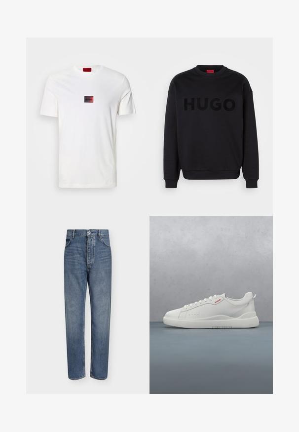 Sweatshirt noir en matériau doux, avec un col rond et des manches longues. Le mot "HUGO" est affiché en évidence dans une police noire brillante.; T-shirt blanc en coton avec un petit logo rectangulaire rouge et noir centré sur la poitrine. Manches courtes, col rond.; Jean droit en denim bleu avec taille haute, fermeture à boutons sur le devant et design à cinq poches sur un fond clair uni.; Sneaker blanche avec une finition en cuir lisse, bout rond, quatre œillets, perforations subtiles et un détail de logo rouge sur le côté.