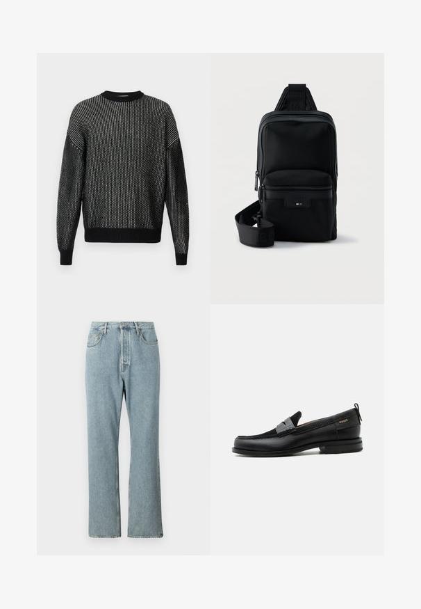 Zwarte gebreide trui met een losse pasvorm, voorzien van een textuurpatroon, geribbelde halslijn, boorden en onderkant. Lange mouwen zonder zichtbare naden.; Lichtblauwe denim jeans met een hoge taille, brede rechte pijpen en eenvoudige stiksels. Heeft vijf zakken en een klassieke knoopsluiting.; Zwarte leren loafer met grijs riemdetailelement, lage hak en gestructureerde zool, aan de zijkant gebrandmerkt met "HUGO" in goud.; Zwarte compacte crossbodytas met voorvak met ritssluiting, verstelbare riem en gestructureerde stof op een effen achtergrond.
