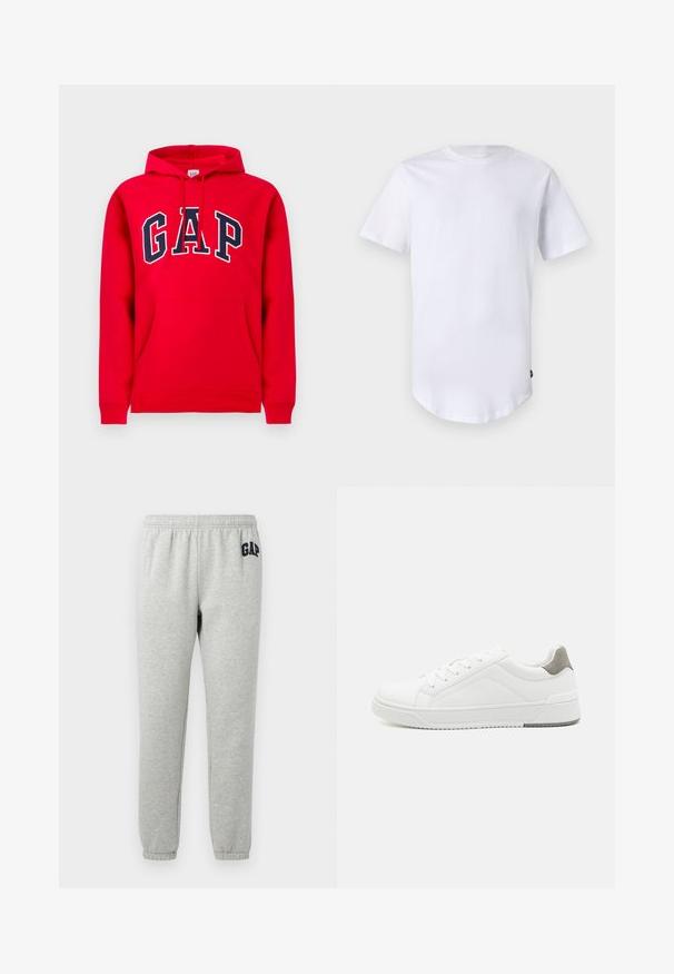 Sweat à capuche rouge en coton, avec une poche avant, une capuche à cordon et le logo "GAP" en bleu marine sur la poitrine.; T-shirt blanc à manches courtes en coton. Design à col rond avec un ourlet arrondi. Étiquette visible sur le côté inférieur gauche. Texture lisse.; Pantalons de survêtement gris avec une taille élastique, des chevilles resserrées et un logo "GAP" bleu marine sur la cuisse supérieure gauche. Tissu doux en mélange de coton.; Basket blanche en cuir lisse, à bout arrondi, design minimaliste, accent de talon gris et semelle en caoutchouc texturé.