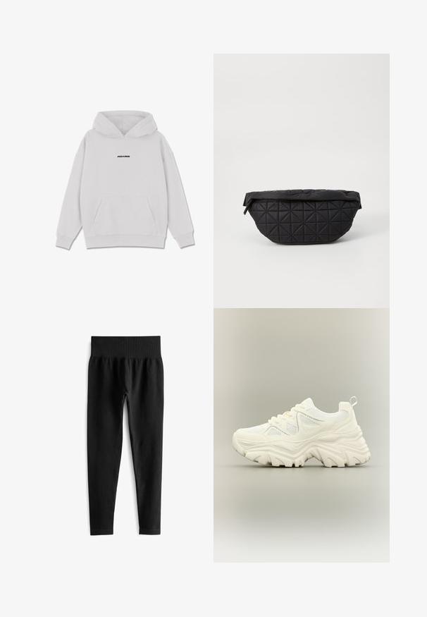 Pegador CLARITA LOGO OVERSIZED HOODIE - Hoodie - washed snow white black; Zwarte geribde leggings met een brede elastische tailleband, met een aansluitende pasvorm en een gladde textuur. Geen zichtbare hardware of patronen.; Witte chunky sneaker met dikke textuurrijke zool, mesh panelen, veters aan de voorkant en een treklipje aan de hiel op een neutrale achtergrond.; Zwarte, gewatteerde tas met een zachte, gewatteerde textuur en een hoekig ruitpatroon, met een gebogen silhouet en ritssluiting.
