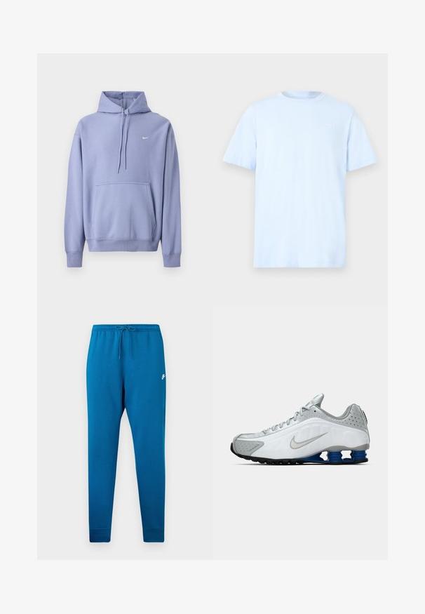 Sudadera con capucha morada hecha de mezcla de algodón, con un bolsillo delantero, capucha con cordón y un pequeño logo blanco en el pecho.; Camiseta de algodón azul claro con mangas cortas, cuello redondo y un sutil logo blanco en la parte superior izquierda del pecho. Textura suave.; Pantalones deportivos azul con cintura elástica y cordón ajustable. Presenta un logo blanco en el muslo y puños ajustados en los tobillos.; Zapatilla de running Nike en blanco y gris con el swoosh plateado, unidades de suela azul en forma de resorte y banda de rodadura negra sobre un fondo liso.