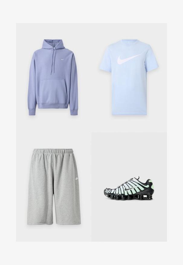 Lilla hættetrøje lavet af bomuldsblanding, med frontlomme, snøre i hætten og et lille hvidt logo på brystet.; Lyseblå T-shirt med korte ærmer og en stor hvid Nike swoosh-logo midt på forsiden mod en ensfarvet baggrund.; Grå bomuldsshorts med elastik i taljen, med løs pasform og et lille hvidt logo nær kanten. Glat tekstur, længde over knæet.; Nike sportssko med sort og mintgrøn design, mesh-overdel med bølgende accenter og fremtrædende sort dæksole.