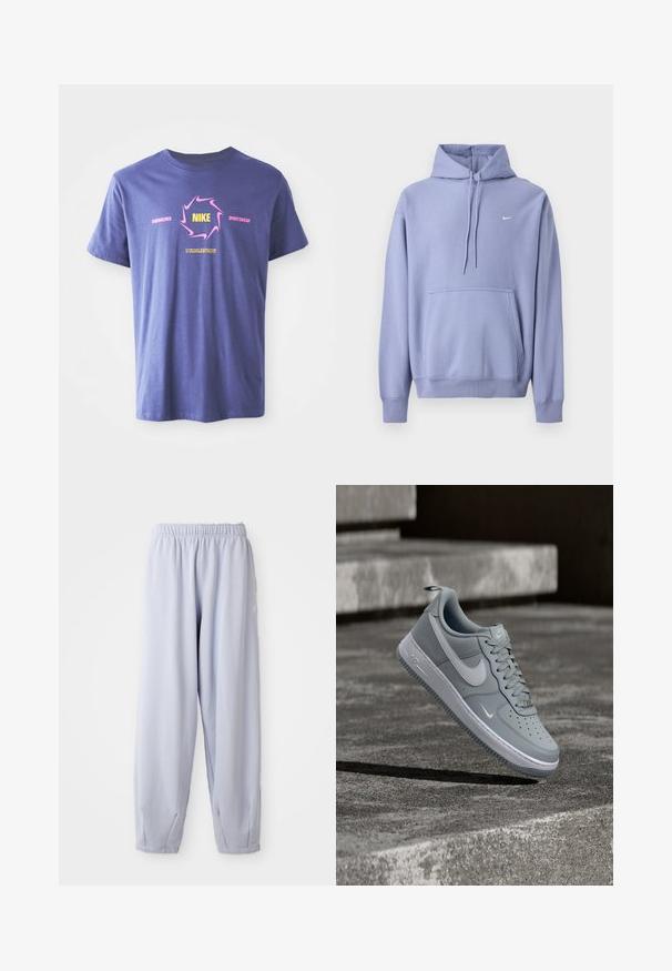Lilla hættetrøje lavet af bomuldsblanding, med frontlomme, snøre i hætten og et lille hvidt logo på brystet.; Lilla bomulds T-shirt med korte ærmer, der har et dristigt grafisk design. Inkluderer "Nike" i gult inden i en lyserød virvel og tekst accenter.; Lyse lavendel joggers lavet af blød stof med elastisk talje og samlede ankler. Har subtil branding på siden.; Grå Nike Air Force 1 sneaker med hvid Swoosh-logo, svævende over en tekstureret betonoverflade med trapper i baggrunden.