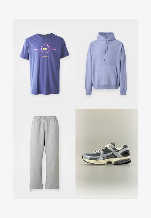Lilla hættetrøje lavet af bomuldsblanding, med frontlomme, snøre i hætten og et lille hvidt logo på brystet.; Lilla bomulds T-shirt med korte ærmer, der har et dristigt grafisk design. Inkluderer "Nike" i gult inden i en lyserød virvel og tekst accenter.; Grå sweatpants med elastisk talje, lige ben og snoretræk ved kanten. Fremstillet af blødt, struktureret stof.; Grå og sort Nike løbesko med hvide snørebånd og beige sål, vist fra siden på en neutral baggrund.