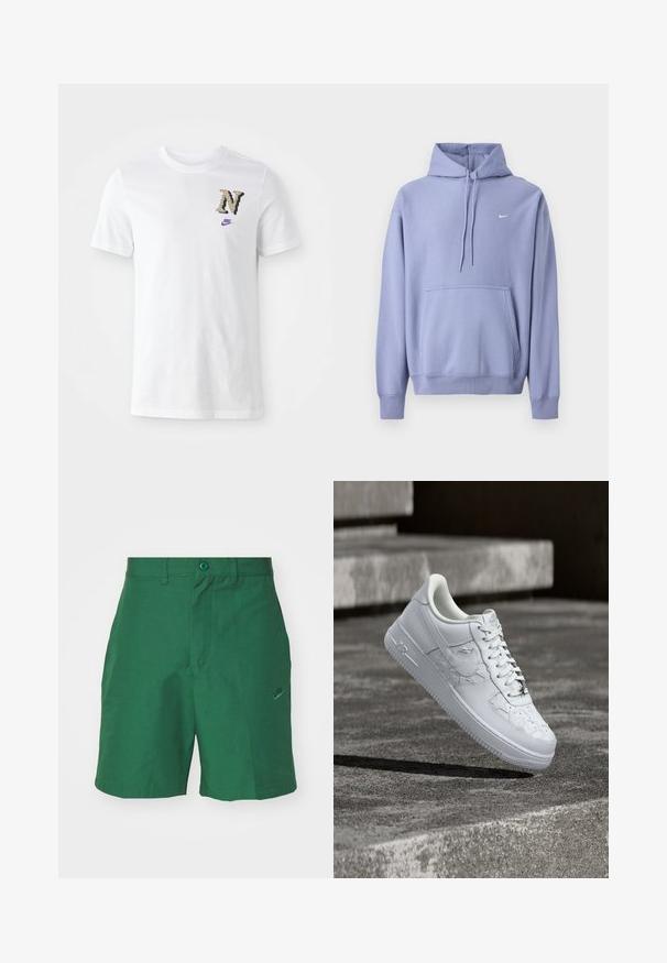 Lilla hættetrøje lavet af bomuldsblanding, med frontlomme, snøre i hætten og et lille hvidt logo på brystet.; Hvid bomulds t-shirt med et camouflagestruktur mønsteret "N" logo og et lille lilla Nike swoosh på brystet. Klassisk crew neck design.; Grønne, vævede shorts med flad front, to sidelommer og et diskret Nike-logo broderet på venstre ben. Har en knaplukning.; Hvid Nike Air Force 1 sneaker med prægede stjernemønstre og en metallisk stjerne snørebåndsvedhæng, der svæver over en betongulv.
