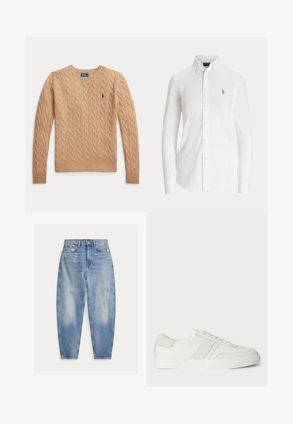 Béžový sveter s vrkočovým vzorom s dlhými rukávmi a rebrovanými manžetami, s malým vyšívaným logom Polo Ralph Lauren na hrudi.; Biela košeľa s dlhým rukávom zapínaná na gombíky, golierom na gombíky a malým vyšitým logom hráča póla na hrudi.; Svetlomodré džínsy s vysokým pásom, mierne vyblednuté a opotrebované pri predných vreckách, päť vrecový štýl a zužujúce sa nohavice.; Biele tenisky so hladkým koženým zvrškom, semišovými akcentmi a plochými šnúrkami. Majú textúrovanú gumovú podrážku a minimalistický dizajn.