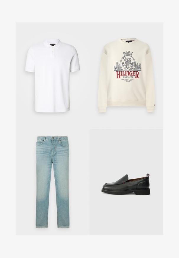 Crèmekleurige sweatshirt met een stads-skyline en leeuwenkroon afbeelding, rode tekst "Hilfiger Club Sports" en geribbelde boorden en zoom.; Witte polo-shirt van katoen. Bevat een klassieke kraag, drie-knopenluik en korte mouwen. Subtiel logo geborduurd op de borst.; Lichtblauwe denim jeans met een rechte pasvorm, met een vervaagde wassing, vijf-pocketontwerp en een knoopsluiting aan de voorkant.; Zwarte leren instapschoen met een ronde neus, een gestructureerde bovenzijde, contrasterende rode stiksels en een lage hak. Voorzien van een lusvormige trekstrip.