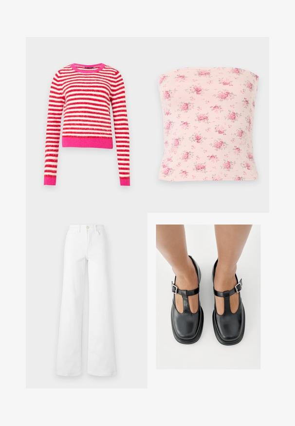 Pull rayé rouge et blanc, fabriqué en matériau doux. Présente un col et des poignets côtelés roses. Design court avec manches longues.; Haut bustier rose clair avec un motif dispersé de petits bouquets floraux roses et rouges avec des feuilles vertes.; Jean large blanc en denim avec une taille haute, comportant des poches avant, des passants de ceinture et une fermeture à bouton. Texture lisse, sans motifs.; Chaussures en cuir noir avec un design à bride en T, bout fermé et accents de boucles argentées. Texture lisse avec un bout arrondi et une semelle plate.