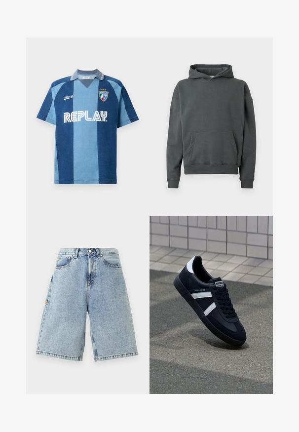 Kapuzensweatshirt aus dunkel grauem Stoff mit einer Fronttasche, gerippten Bündchen und Saum, lockerer Passform und weichem Material.; Jeans-inspiriertes Jersey mit kurzen Ärmeln, das ein dunkelblaues und hellblaues gestreiftes Design, einen V-Ausschnitt und das auffällig platzierte "REPLAY"-Logo aufweist.; Blaue Denim-Shorts mit hoher Taille, lockerem Sitz, fünf Taschen und sichtbaren Nähdetails. Glatte Textur mit einem hellen Waschfinish.; Schwarze Leder-Sneaker mit weißen Streifen, strukturiertem Gummisohle und Schnürung. Verfügt über ein Markenetikett auf der Zunge.
