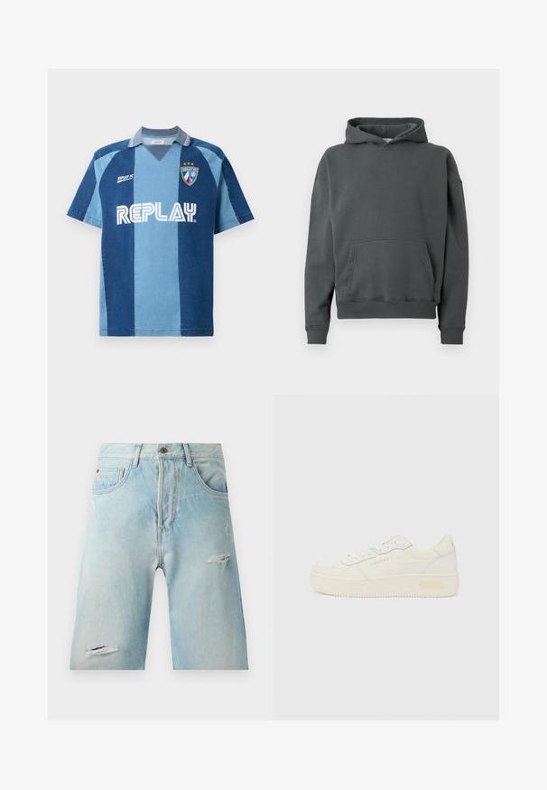 Kapuzensweatshirt aus dunkel grauem Stoff mit einer Fronttasche, gerippten Bündchen und Saum, lockerer Passform und weichem Material.; Jeans-inspiriertes Jersey mit kurzen Ärmeln, das ein dunkelblaues und hellblaues gestreiftes Design, einen V-Ausschnitt und das auffällig platzierte "REPLAY"-Logo aufweist.; Hellblaue Denim-Shorts mit einer lockeren Passform, featuring distressierte Akzente, seitliche Taschen und einen einzelnen oberen Knopfverschluss.; Niedriger weißer Sneaker mit Schnürung vorne, dicker Sohle und dezentem "REPLAY"-Logo an der Seite und Ferse, in Seitenansicht dargestellt.
