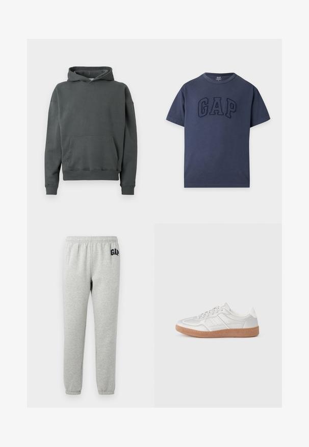 Trekker in donkergrijze stof, met een voorkantzak, ribgebreide manchetten en zoom, een ruime snit en een zachte textuur.; Marineblauw T-shirt met korte mouwen en ronde hals met verhoogde, gestructureerde "GAP" letters op de borst.; Grijze sweats met een elastische tailleband, cuffed enkels, en een marineblauwe "GAP" logo op de linker boven dij. Zachte, katoenen stofmix.; Zilveren sneakers met een gladde textuur, vetersluiting, geperforeerde accenten en een gestructureerde bruine rubberen zool.