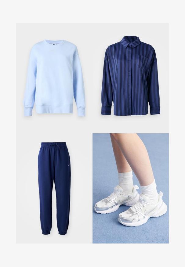 Sudadera Nike azul clara con cuello redondo, mangas largas, puños y bajo acanalados, y pequeño logo blanco de Nike Swoosh en el pecho.; Camisa a rayas azul marino con cuello, bolsillo en el pecho y mangas largas. Confeccionada en una tela suave y brillante con un corte holgado.; Pantalones de chándal azul marino hechos de una tela suave, que cuentan con una cintura elástica con cordón, puños elásticos y un pequeño logo blanco.; Zapatillas deportivas blancas con superposiciones de malla y sintéticas, con un logo plateado de Nike, acompañadas de calcetines blancos acanalados sobre una superficie azul.