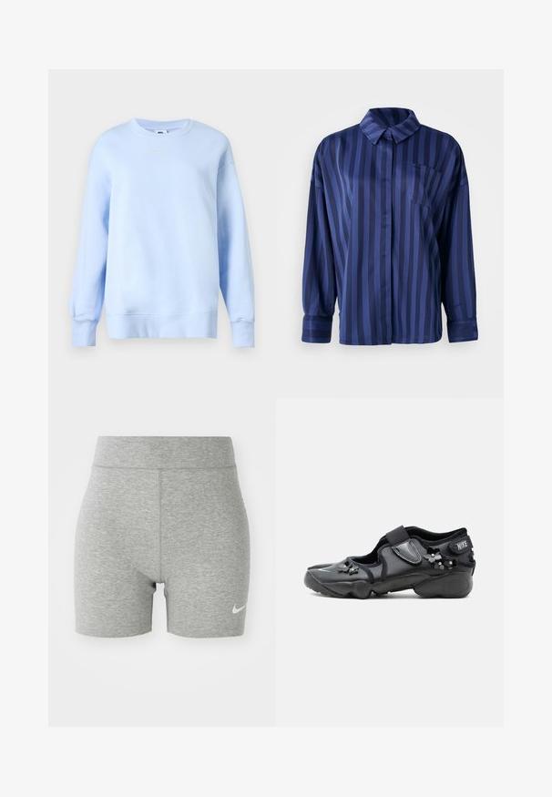 Lyseblå Nike sweatshirt med rund hals, lange ærmer, ribkantet manchet og kant samt lille hvid Nike Swoosh-logo på brystet.; Mørkeblå stribet skjorte med krave, brystlomme og lange ærmer. Lavet af et glat, skinnende stof med en løs pasform.; Grå atletiske shorts lavet af blødt stof, med høj talje og et lille hvidt Nike-logo på nederste venstre side.; Sort Nike Air sko med velcrorem, dekoreret med små sorte blomsterudsmykninger på siden og foran.