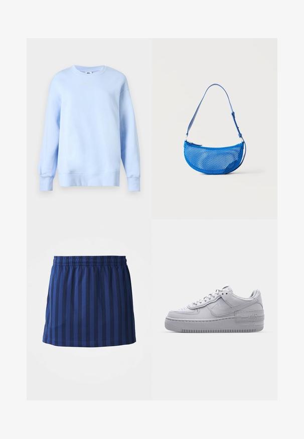 Hellblauer Nike Sweatshirt mit Rundhalsausschnitt, langen Ärmeln, gerippten Bündchen und Saum sowie kleinem weißem Nike Swoosh-Logo auf der Brust.; Marineblauer Rock mit vertikalen Streifen, elastischer Taille, mittellange Länge, aus leichtem Stoff, glatte Textur.; Graue Nike Air Force 1 Sneaker mit perforierter Zehenpartie, Obermaterial aus glattem Leder, dicker Sohle und geprägtem 'AIR'-Detail an der Ferse.; Blaue Schultertasche aus Netz mit verstellbarem Träger und Reißverschluss, vor einem schlichten weißen Hintergrund dargestellt.