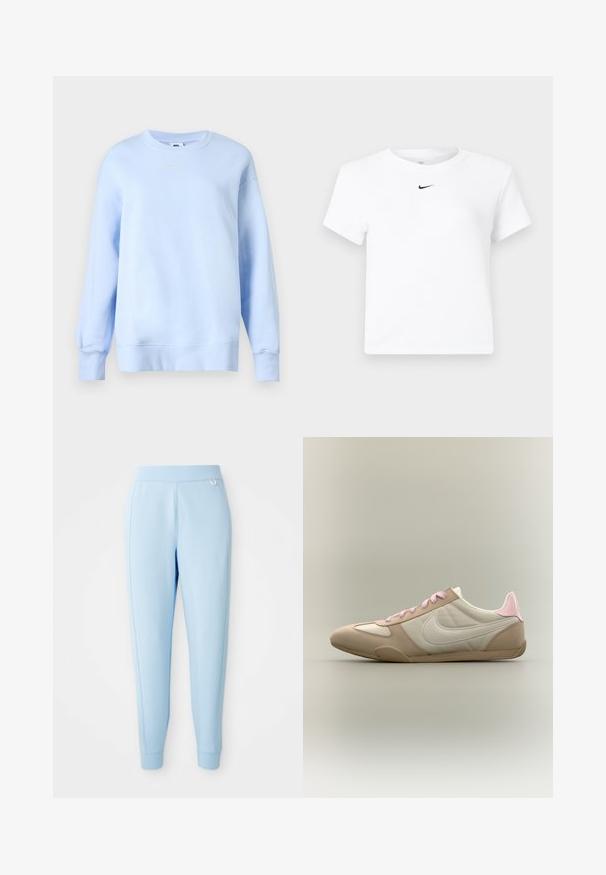 Sudadera Nike azul clara con cuello redondo, mangas largas, puños y bajo acanalados, y pequeño logo blanco de Nike Swoosh en el pecho.; Camiseta corta de manga corta blanca de Nike con un pequeño logo negro de Nike Swoosh centrado justo debajo del escote.; Pantalones de chándal azul claro hechos de material suave, que presentan una textura lisa, piernas ajustadas y un sutil acento de logo en el costado.; Zapatilla de perfil bajo en beige y blanco con cordones rosas y detalle en el talón, mostrando el logo de Nike en el lateral sobre un fondo liso.