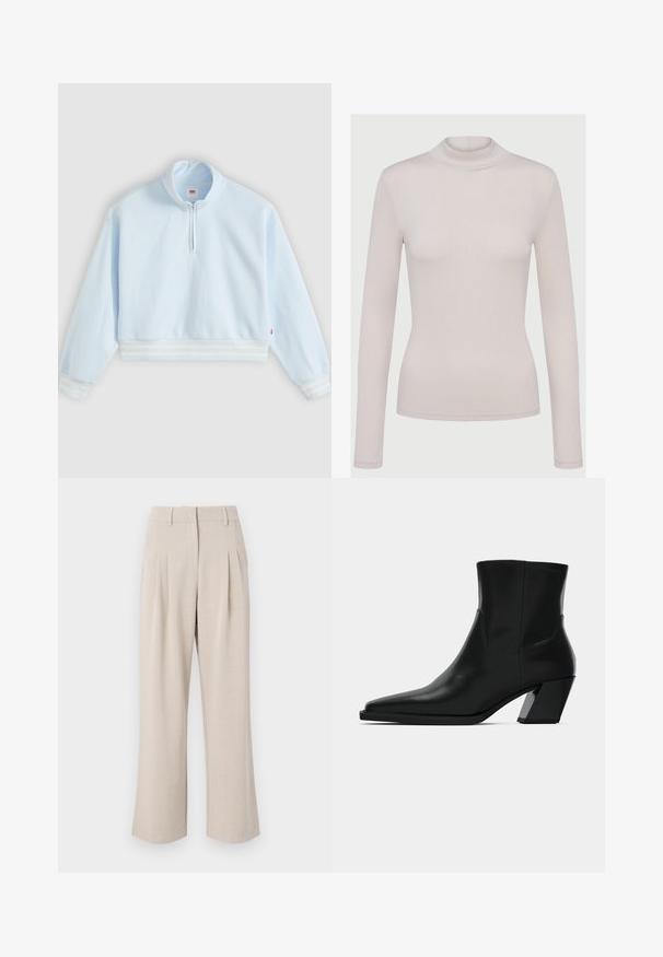 Lyseblå langærmet pullover med halv lynlås ved kraven og hvide stribede ribkanter ved ærmer og kant, fladt lagt på en grå baggrund.; Lys beige langærmet turtleneck-top lavet af et blødt, strækbart materiale. Tætsiddende design med ribbet tekstur og standardmanchetter.; Beige viddebukser med høj talje, der har frontfolder, en glat tekstur og en skræddersyet design. Ingen synlige lommer eller udsmykninger.; Sortlæder ankelstøvle med spids tå, en slank silhuet og en kraftig firkantet hæl. Glat tekstur med minimale stikninger.