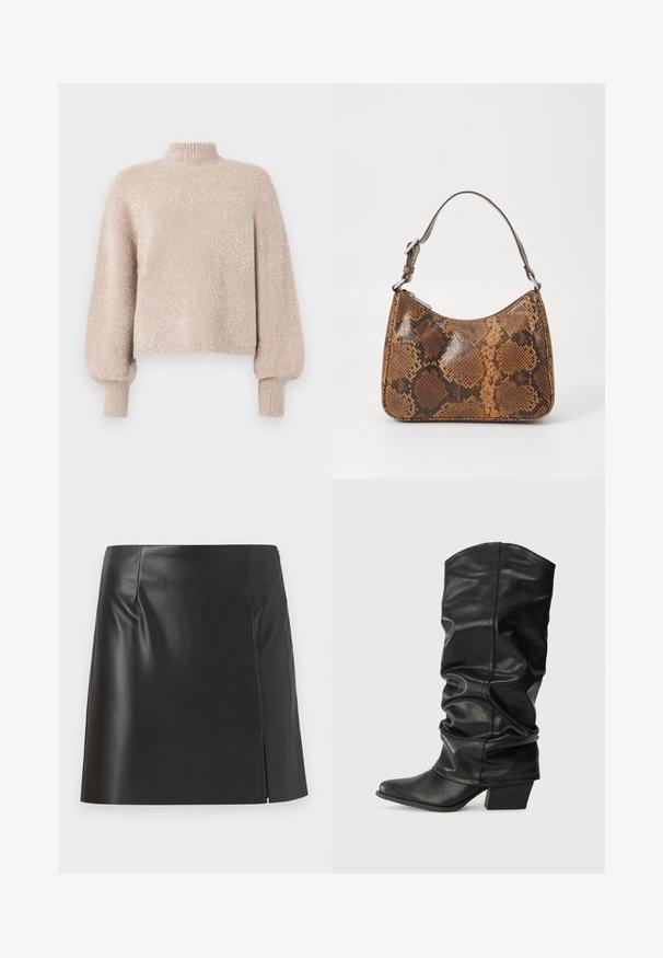 Pull court beige clair en tissu doux et texturé. Présente un col haut et des manches bouffantes. Fini texturé avec un léger éclat.; Mini-jupe en cuir noir avec une coupe droite, texture lisse, fermeture éclair sur le côté et une fente sur un côté.; Bottes noires en cuir, montantes jusqu'au genou, avec un design plissé, un bout pointu et un talon épais, présentant une texture lisse et des coutures minimales.; Petit sac à main avec un motif en peau de serpent marron et noir, courroie courte et ajustable, et fermeture éclair.