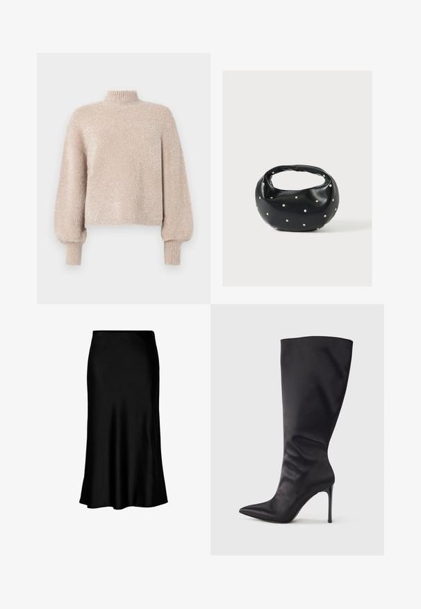 Licht beige cropped trui van zacht, gestructureerd materiaal. Heeft een hoge hals en ballonjassen. Gestructureerde afwerking met een subtiele glans.; Zwarte satijnen midi-rok met een gladde textuur, een uitlopende zoom en een nauwsluitende tailleband, met een eenvoudig, klassiek ontwerp.; Zwarte kniehoge stiletto laars gemaakt van glad, glanzend materiaal; puntige neus; aansluitende pasvorm met subtiele plooien bij de enkel; glanzende hak.; Zwarte leren handtas met een afgeronde vorm, versierd met zilveren studs, en een korte handgreep. Gladde textuur en ritsluiting.