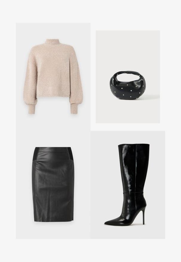 Suéter corto de un beige claro, hecho de una tela suave y texturizada. Presenta un cuello alto y mangas abullonadas. Acabado texturizado con un brillo sutil.; falda lápiz de cuero negro con un diseño ajustado, textura suave y acentos de cintura elástica a ambos lados. Dobladillo recto en la parte inferior.; Botas de cuero negro hasta la rodilla con punta afilada y tacón alto de aguja. Textura suave y diseño elegante, con detalles mínimos.; Bolso de mano de cuero negro con forma redondeada, decorado con detalles de tachuelas plateadas y un asa corta. Textura lisa y cierre con cremallera.