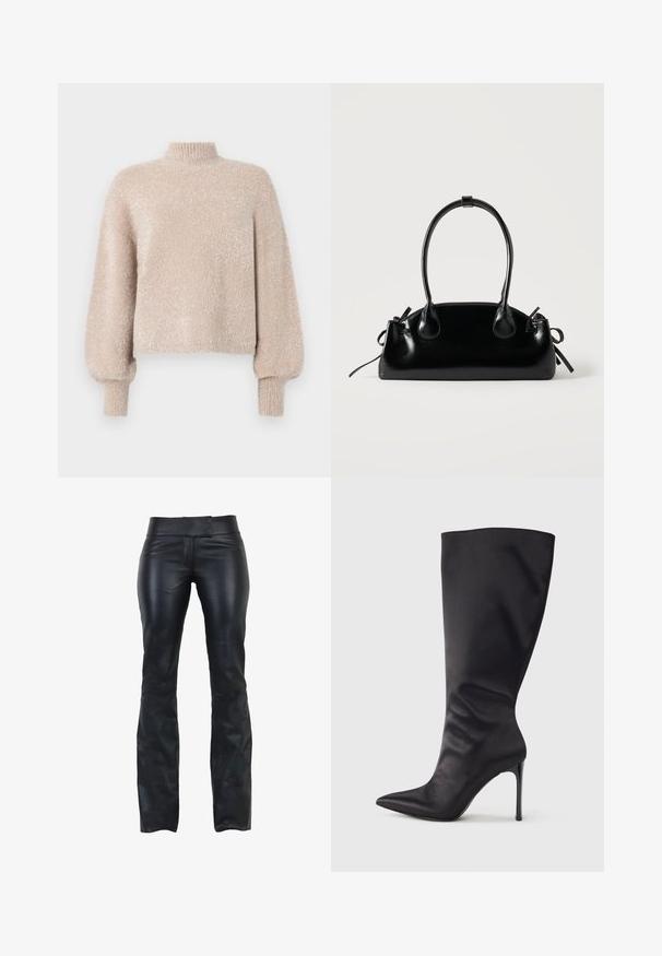 Lyse beige cropped sweater lavet af blødt, tekstureret stof. Har en høj hals og ballonsleeves. Tekstureret overflade med en subtil glans.; Sorte læderbukser med slim fit, flad talje og udskæring i bunden. Glat tekstur og minimalistisk design uden synligt hardware.; Sort knæhøj stiletstøvle lavet af glat, glansfuldt materiale; spids tå; tætsiddende pasform med let samling nær anklen; skinnende hæl.; Lille sort blank håndtaske med to lange håndtag og snøre-detaljer i siden på en ensfarvet lys baggrund.