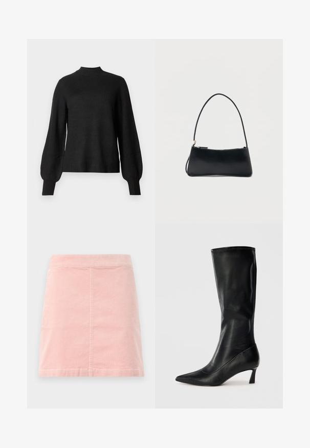 Suéter negro de punto de manga larga con cuello perkins, puños y dobladillo acanalados, que presenta mangas ligeramente abullonadas y una silueta ajustada.; Mini falda de pana rosa con una cintura ajustada y textura de costillas verticales. El dobladillo es recto y presenta un diseño simple sin decoraciones.; Bota de cuero negra de caña alta con punta afilada y un tacón modesto. Textura suave y diseño elegante con detalles de costura sutiles.; Bolso rectangular negro con una correa fina y cierre de cremallera, sobre un fondo blanco liso.