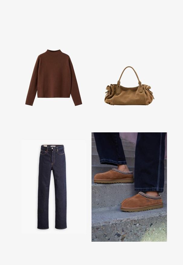 Kastanjebrun, langærmet sweater med en høj halsudskæring. Fremstillet af et blødt, tekstureret stof. Har en afslappet, kasseformet silhuet og et minimalistisk design.; Mørkeblå straight-leg denim jeans med fem lommer og synlig orange syning på hvid baggrund.; Brune ruskinds slip-on sko med en dekorativ vævet kant og en gummisål, placeret på betontrapper.; Blød brun ruskindshåndtaske med enkelt top håndtag og sammenrullede sidetaljer sikret med læderremme og metalringe.