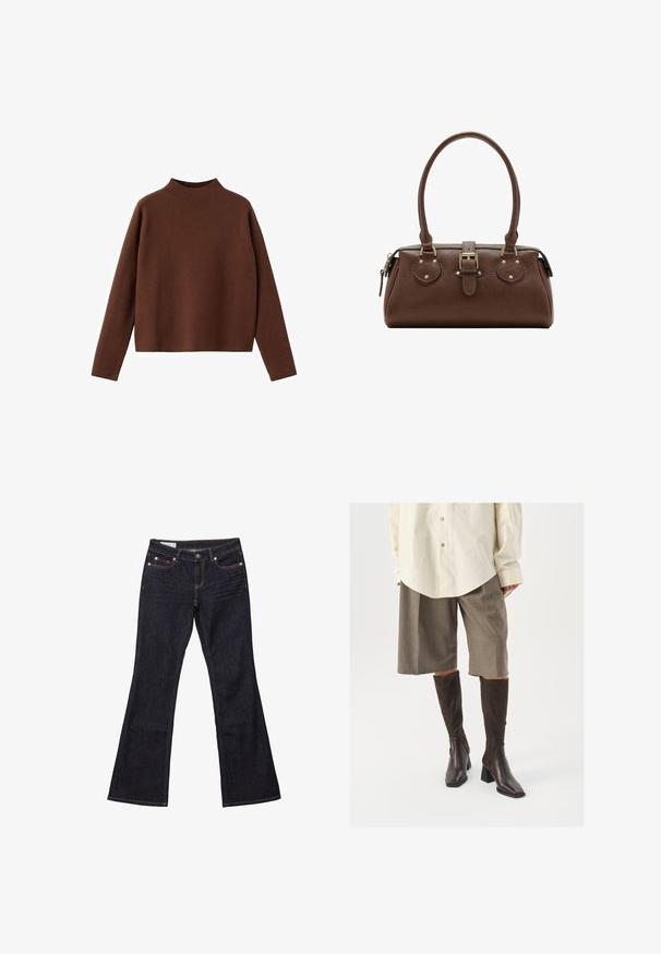 Kastanjebrun, langærmet sweater med en høj halsudskæring. Fremstillet af et blødt, tekstureret stof. Har en afslappet, kasseformet silhuet og et minimalistisk design.; Mørkeblå denim bukser med flared ben, fem lommer, kobbernitter og kontrastsyet. Glat tekstur med en lige, afslappet pasform.; Brune knæhøje støvler med firkantet tå og blokhæl, parret med beige oversized skjorte og brune ternede culotter.; Brun læderhåndtaske med to håndtag, en central spænde-strop og guldfarvede beslag, vist mod en hvid baggrund.