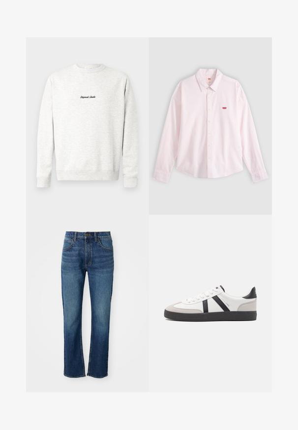 Lys grå crewneck sweatshirt lavet af blødt materiale, med et lille sort "Originals Studio" logo på fronten og ribbede manchetter.; Lyserød langærmet skjorte med knapper og krave samt rød Levi's logo-mærkat på venstre bryst, vist på en ensfarvet baggrund.; Blå denim jeans med lige ben-design, der har fem lommer, en knaplukning og kontrasterende gule syninger. Glat tekstur.; Hvide sneakers med sorte og grå detaljer, med en tekstureret grå tåhætte, sort gummisål og flade hvide snørebånd. Rent design, minimalistisk stil.