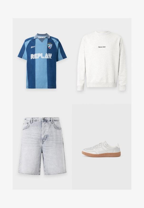 Helehall sweatshirt, mis on valmistatud pehmest materjalist, kusjuures esiküljel on väike must "Originals Studio" logo ja ribatud varrukad.; Denim-stiilis trikotaaž lühikeste varrukatega, tumeda ja helesinise riba kujundusega, V-kaelusega ja silmatorkava "REPLAY" logoga.; Heledensüsinest lühišortsid heledates hallides toonides, millel on veidi kulunud välimus. Omab viit taskut, vöölõikeid ja lukuga esi avamist koos nööpide sulgemisega.; Hõbedased tennised, millel on sile tekstuur, nööridega disain, perforatsioonidega aktsendid ning kootud pruun kummitald.