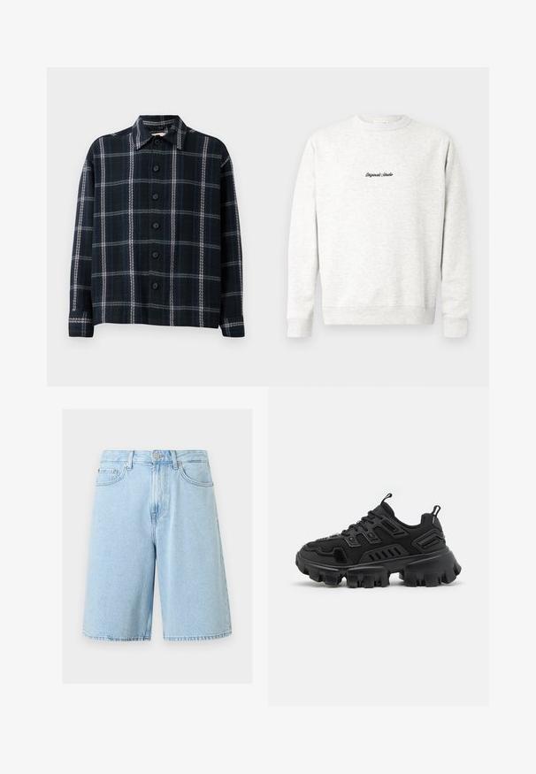Harmaa crewneck-huppari, joka on valmistettu pehmeästä materiaalista. Etuosassa on pieni musta "Originals Studio" -logo ja ribatut hihansuut.; Musta ja tummansininen ruudullinen pitkähihaiselta paita, johon sisältyy valkoisia raitoja, nappikiinnitys edessä ja terävä kaulus.; Vaaleansiniset farkkukneeppi-mittaiset shortsit, joissa edessä nappi, vetoketjukiinnitys, vyölenkit ja viiden taskun malli valkoisella taustalla.; Musta urheilukengät, joissa on teksturoitu kumipohja, kerrostetut muotoiluelementit ja vahvistetut yksityiskohdat. Varustettu kengännauhoilla ja vetonauhalla kannassa.