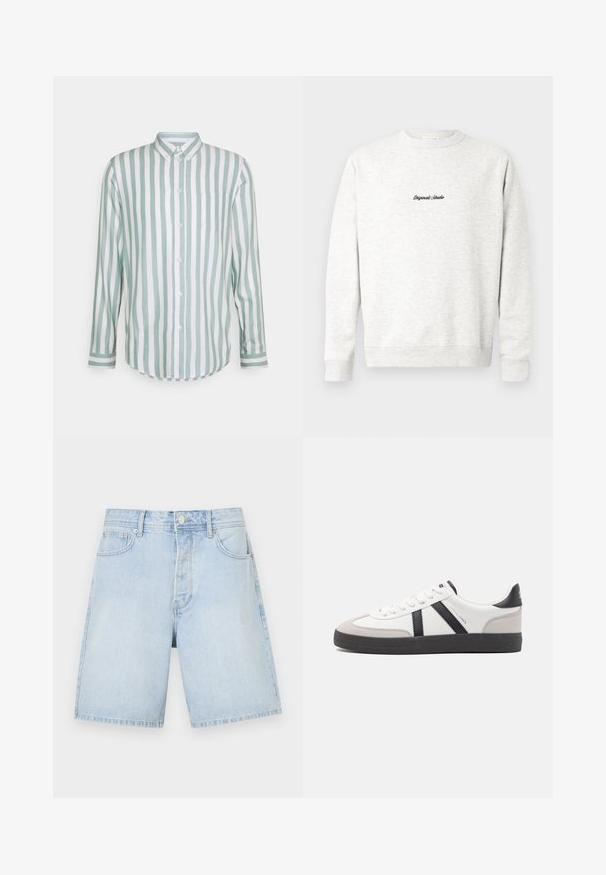 Sweatshirt crewneck gris clair en matériau doux, présentant un petit logo noir "Originals Studio" sur le devant et des poignets côtelés.; Chemise en coton à manches longues avec des rayures verticales vert menthe et blanches, fermeture à boutons, col, poche poitrine simple et ourlet incurvé.; Shorts en denim bleu clair à coupe droite, avec poches avant, fermeture à bouton et couture décontractée. Texture lisse sans motifs.; Baskets blanches avec des accents noirs et gris, présentant un embout texturé gris, une semelle en caoutchouc noir et des lacets plats blancs. Design épuré, style minimaliste.