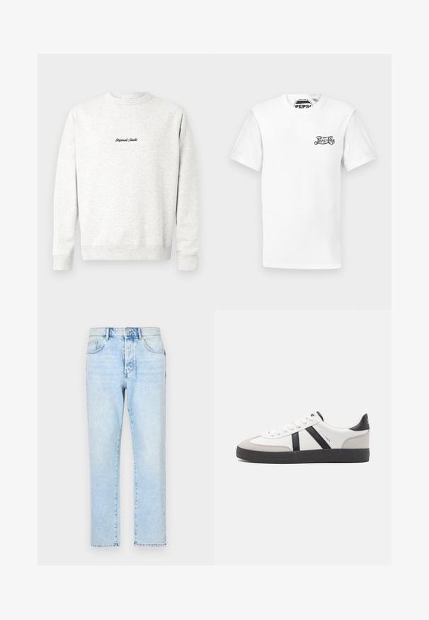 Lichtgrijze crewneck sweatshirt gemaakt van zachte stof, met een klein zwart 'Originals Studio' logo op de voorkant en geribde manchetten.; Wit T-shirt met korte mouwen en ronde hals, met een klein zwart "Pepsi-Cola" logo op de linkerkant van de borst en een merklabel in de nek.; Lichtblauwe spijkerbroek met een recht pijpdesign, vervaagde textuur en traditionele vijf-vakken stijl. Voorzijde met ritssluiting en knoopsluiting.; Witte sneaker met zwarte en grijze accenten, voorzien van een grijze neus met textuur, zwarte rubberen zool en platte witte veters. Schoon ontwerp, minimalistische stijl.