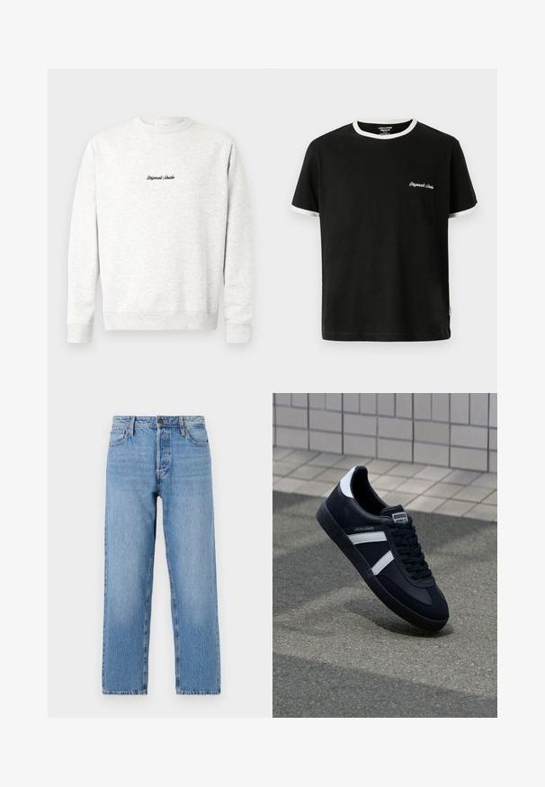 Lichtgrijze crewneck sweatshirt gemaakt van zachte stof, met een klein zwart 'Originals Studio' logo op de voorkant en geribde manchetten.; Jack & Jones T- - T-shirt basic - black; Lichtblauwe denim jeans met een recht beenontwerp, voorzien van een knoop- en ritsluiting, vijf zakken en subtiele vervaging.; Zwarte leren sneaker met witte strepen, een gestructureerde rubberen zool en vetersluiting aan de voorkant. Voorzien van een merklabel op de tong.