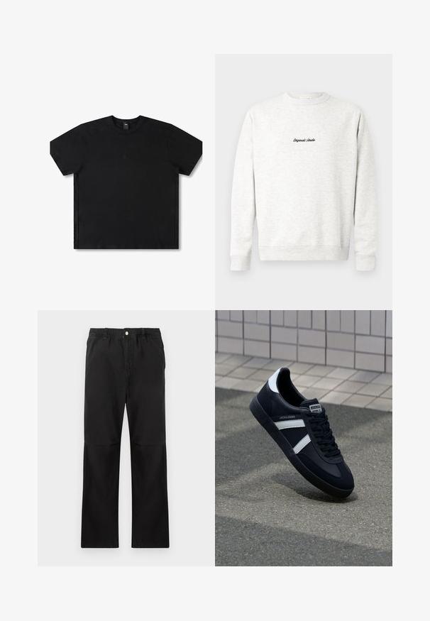 Lichtgrijze crewneck sweatshirt gemaakt van zachte stof, met een klein zwart 'Originals Studio' logo op de voorkant en geribde manchetten.; Zwarte T-shirt met korte mouwen, gemaakt van katoen, met een ronde hals, voorzien van een subtiele logo in het midden en een relaxte pasvorm.; Zwarte katoenen broek met een elastische tailleband, voorzien van een recht model, een gladde textuur en zonder zichtbare accenten of patronen.; Zwarte leren sneaker met witte strepen, een gestructureerde rubberen zool en vetersluiting aan de voorkant. Voorzien van een merklabel op de tong.