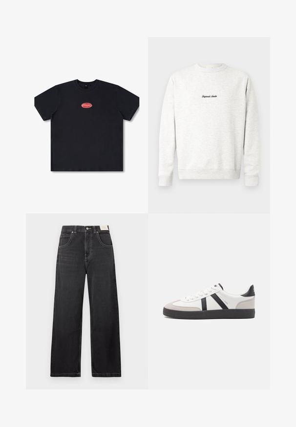 Sudadera de cuello redondo en gris claro, elaborada con material suave, con un pequeño logo negro "Originals Studio" en la parte frontal y puños acanalados.; Camiseta de algodón negra con un corte relajado, manga corta y un logotipo ovalado rojo impreso en el pecho. Textura suave, dobladillo recto.; Vaqueros negros de pierna ancha hechos de denim, con cinco bolsillos, costuras blancas en contraste y cierre de botón en la cintura.; Zapatilla blanca con acentos en negro y gris, que presenta una puntera texturizada en gris, suela de goma negra y cordones planos blancos. Diseño limpio, estilo minimalista.