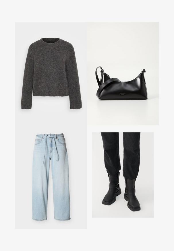 Grå strikket sweater med rund halsudskæring, lange ærmer og ribbestrikkede manchetter og kant. Teksturen ser blød ud, og stoffet er let spraglet.; Lyseblå vidde ben denimjeans med snøre i taljen, forlommer og bæltestropper mod en ensfarvet baggrund.; Sorte læder ankelstøvler med firkantet tå, der har en bred rem og metallisk spænde detalje. Støvlerne har en chunky sål og en glat overflade.; Sort læderhåndtaske med en glat tekstur. Har en justerbar stropp og et enkelt, minimalistisk design med lynlås.