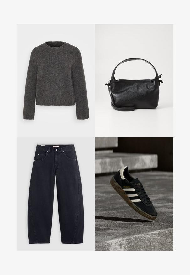 Pull en tricot gris avec un col rond, des manches longues et des poignets et un ourlet côtelés. La texture semble douce et le tissu est légèrement marbré.; Jean large en denim noir à taille haute, avec deux poches avant et des accessoires en argent. Texture lisse, détails de couture minimaux et coupe droite.; Baskets Adidas noires avec des bandes blanches et une semelle en gomme flottant au-dessus d'escaliers en béton gris sous une lumière naturelle.; Sac à main en cuir noir au design structuré, avec une poignée arrondie et une bandoulière amovible. Présente une texture lisse et un éclat subtil.