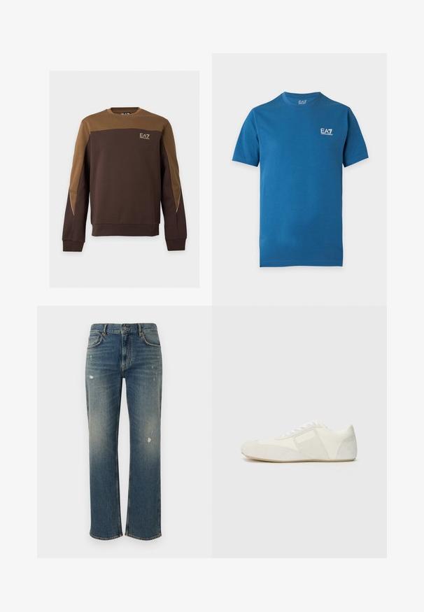 Hanorac maro și bej cu mâneci lungi, guler rotund, detalii cu șnur pe mâneci și mic logo EA7 Emporio Armani pe piept.; Tricou albastru cu mâneci scurte și decolteu rotund, cu logo mic alb EA7 Emporio Armani în partea stângă sus a pieptului.; Jeans din denim de culoare albastru mediu, cu croială dreaptă, prezentând decolorare ușoară și pete deteriorate. Design clasic cu cinci buzunare și închidere cu buton superior.; Pantofii sport albi cu un design elegant, având un capac de vârf din suede, panouri din piele și accente texturate în contrast. Talpă plată din cauciuc.